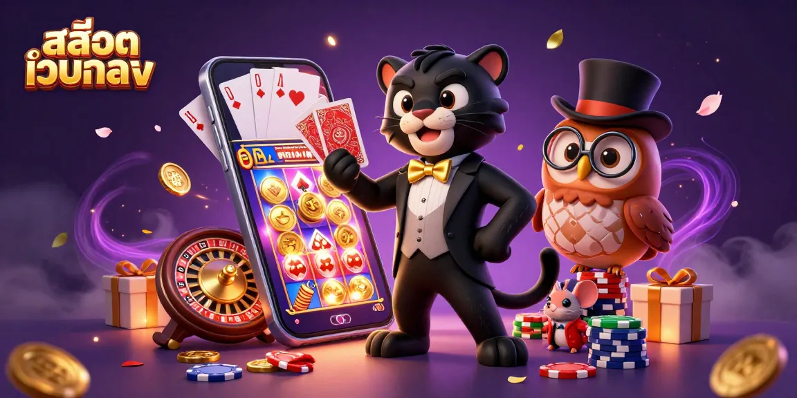 Experience ultimate fun with สล็อตเว็บตรง as a panther plays cards with an owl and a mouse in a vibrant casino scene.