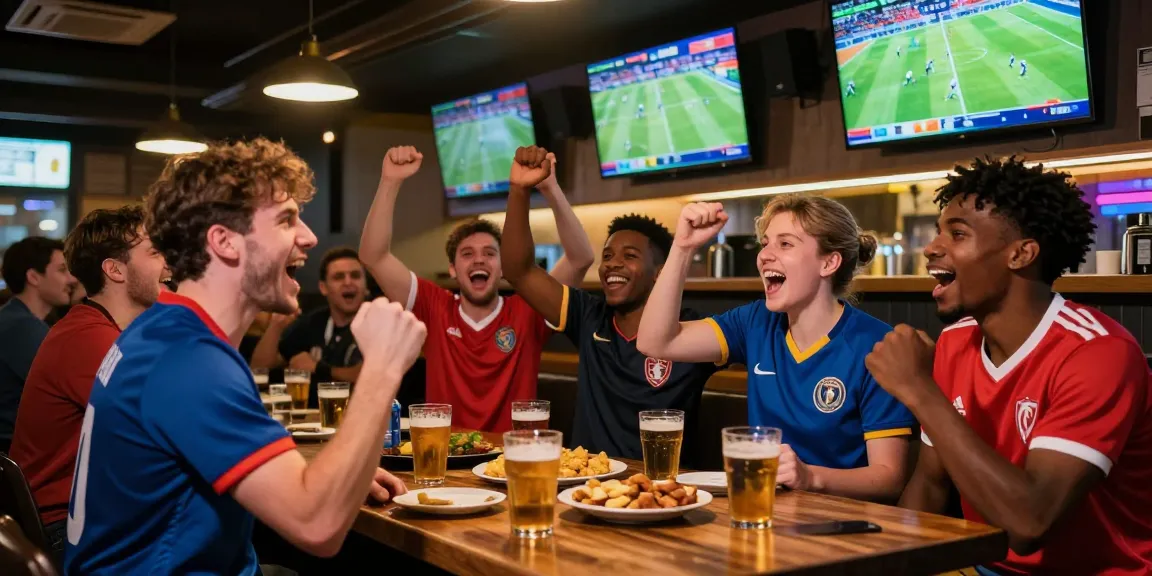 Voetbalweddenschappen in levendige sportsbar met vrienden, live wedstrijden en energie.