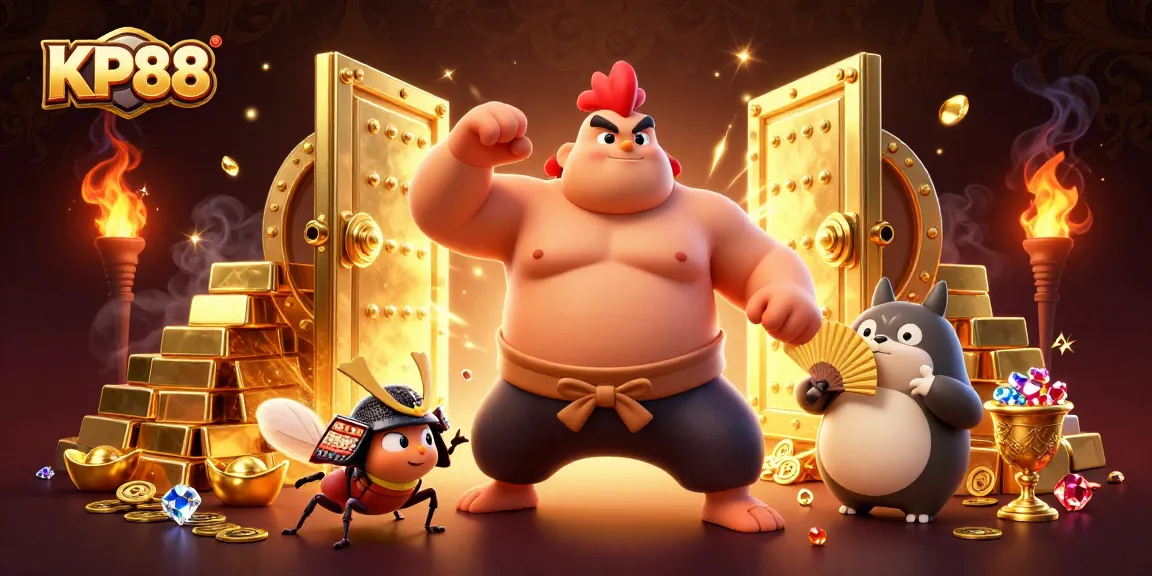 Experience the thrill at KP88 with a powerful sumo wrestler and fierce samurai cricket in an immersive casino scene.