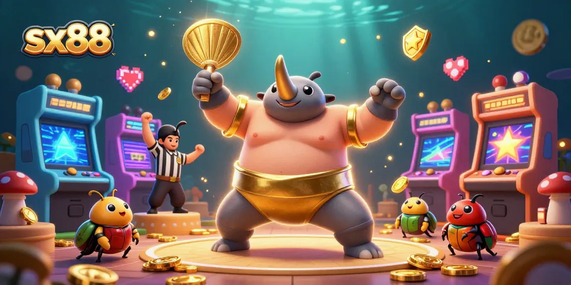 Experience thrilling excitement at sx88 with a sumo beetle champion amidst colorful casino elements.
