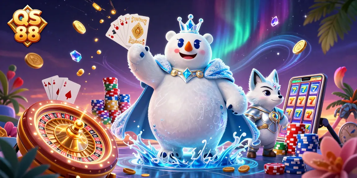 Experience excitement at QS 88 with a vibrant illustration featuring a polar bear and snow fox surrounded by casino elements.